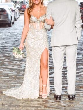Sequin Evening Gown with Side Slit - Champagne